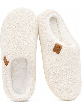 Women White  Pull-On Curly Fleece House Shoes Warm Indoor Outdoor Fuzzy Slippers